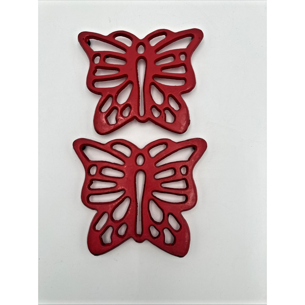 Set Of 2 Red Enamel Vintage Cast Iron Butterfly Trivets